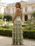 Sage Green Spaghetti Strap Deep V-Neck Tiered Ruffle A-Line Prom Dress with Twist Cutout Bust Cutout Waist High Slit and Open Back