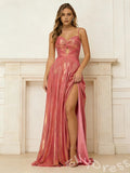 Rose Gold Spaghetti Strap Sweetheart Metallic Shimmer A-Line Prom Dress with Twist Bow Cutout Bust Radial Ruched Waist High Slit and Open Back