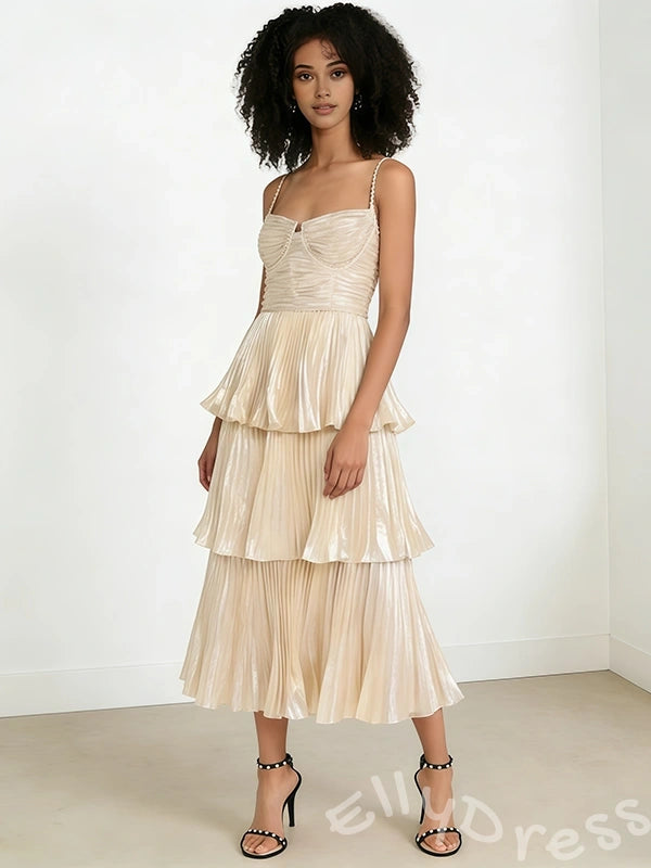 Champagne Gold Pearl Chain Strap Square Neck Metallic Pleated Three-Tier Cake Prom Dress with Corset Ruched Bodice and Midi Length