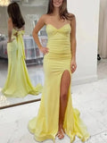 Simple Yellow Mermaid Sleeveless Sweetheart Long Prom Dress With High Slit