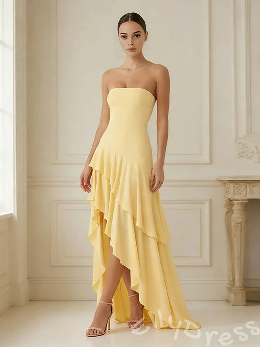 Daffodil Yellow Strapless Straight Neck Chiffon Sheath Prom Dress with Three-Layer Asymmetric Ruffle Hem Hi-Low Design High Slit and Lace-Up Corset Back
