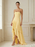 Daffodil Yellow Strapless Straight Neck Chiffon Sheath Prom Dress with Three-Layer Asymmetric Ruffle Hem Hi-Low Design High Slit and Lace-Up Corset Back