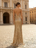 Antique Gold Strapless Sweetheart Full Sequin Floral Embroidered Mermaid Prom Dress with Lace-Up Corset Back Open Back and Sweep Train