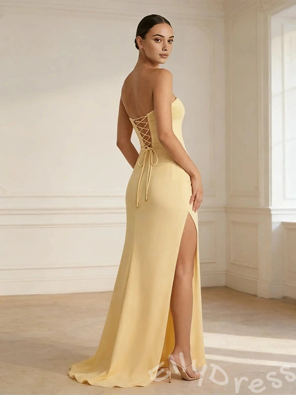 Daffodil Yellow Strapless Straight Neck Chiffon Sheath Prom Dress with Three-Layer Asymmetric Ruffle Hem Hi-Low Design High Slit and Lace-Up Corset Back