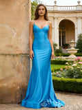 Ocean Blue Spaghetti Strap V-Neck Satin Mermaid Prom Dress with Ruched Back Open Back and Sweep Train