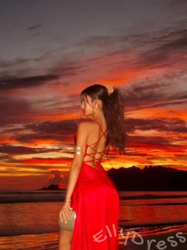 Burgundy Spaghetti Strap V-Neck Satin Sheath Prom Dress with Ruched Waist Asymmetric Ruffle High Slit and Lace-Up Back