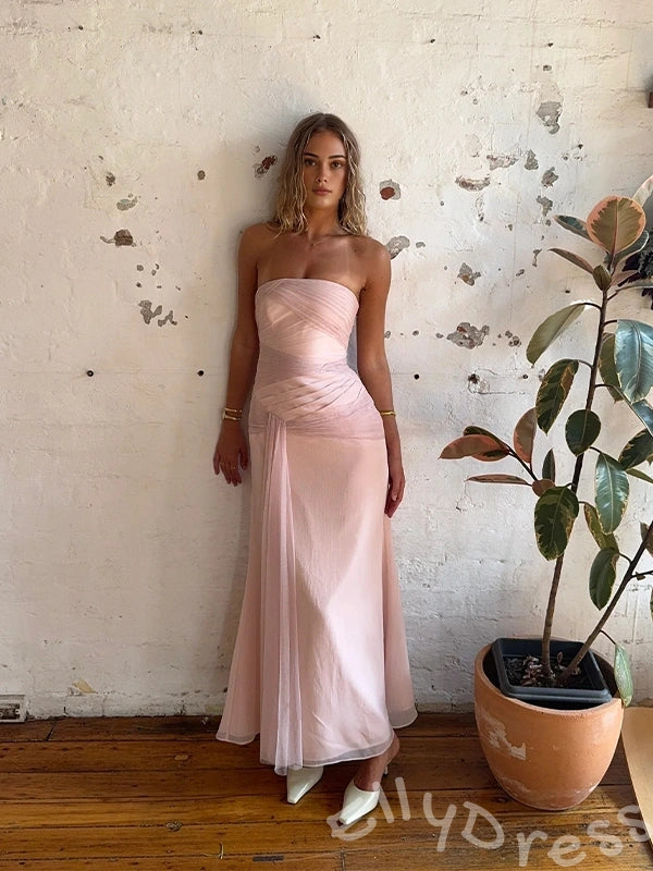 Blush Pink Strapless Straight Neck Chiffon Sheath Prom Dress with Diagonal Criss Cross Ruched Wrap Twist Gathered Waist and Asymmetric Draped Hem