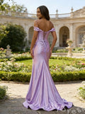 Lilac Off-Shoulder Corset Satin Mermaid Prom Dress with Pleated Bodice Ruched Waist High Slit and Lace-Up Back