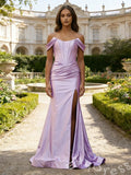 Lilac Off-Shoulder Corset Satin Mermaid Prom Dress with Pleated Bodice Ruched Waist High Slit and Lace-Up Back