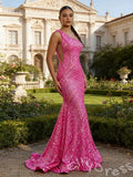 Hot Pink One Shoulder Full Geometric Chevron Sequin Embroidered Mermaid Prom Dress with Sheer Mesh Base Open Back and Sweep Train