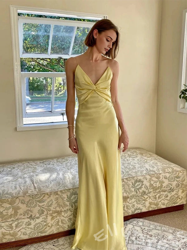 Lemon Yellow Spaghetti Strap Deep V-Neck Satin Mermaid Prom Dress with Twist Knot Bust Open Low Back and Criss Cross Back Straps
