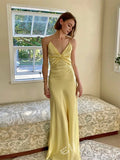 Lemon Yellow Spaghetti Strap Deep V-Neck Satin Mermaid Prom Dress with Twist Knot Bust Open Low Back and Criss Cross Back Straps
