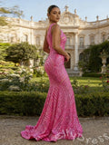Hot Pink One Shoulder Full Geometric Chevron Sequin Embroidered Mermaid Prom Dress with Sheer Mesh Base Open Back and Sweep Train
