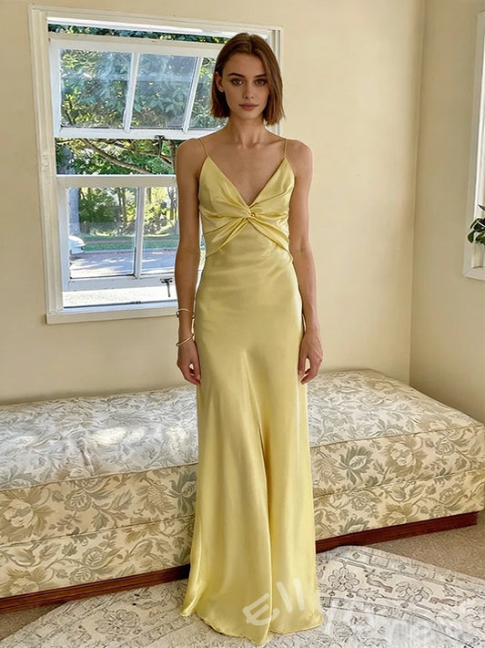 Lemon Yellow Spaghetti Strap Deep V-Neck Satin Mermaid Prom Dress with Twist Knot Bust Open Low Back and Criss Cross Back Straps