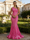 Hot Pink One Shoulder Full Geometric Chevron Sequin Embroidered Mermaid Prom Dress with Sheer Mesh Base Open Back and Sweep Train