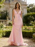 Pink Wide Strap Deep V-Neck Beaded Sequin Embroidered Mermaid Prom Dress with 3D Pearl Embellishment Deep V Open Back Side Ruched and Sweep Train