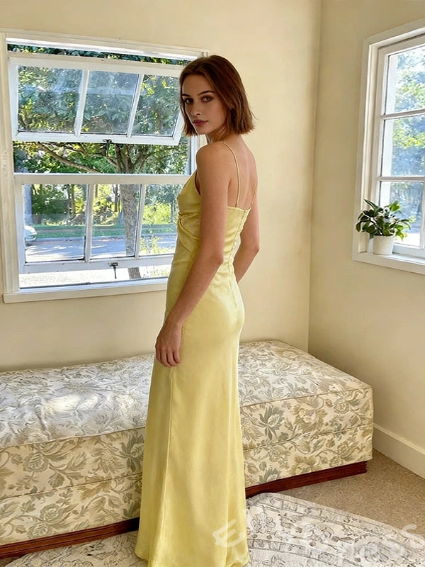 Lemon Yellow Spaghetti Strap Deep V-Neck Satin Mermaid Prom Dress with Twist Knot Bust Open Low Back and Criss Cross Back Straps