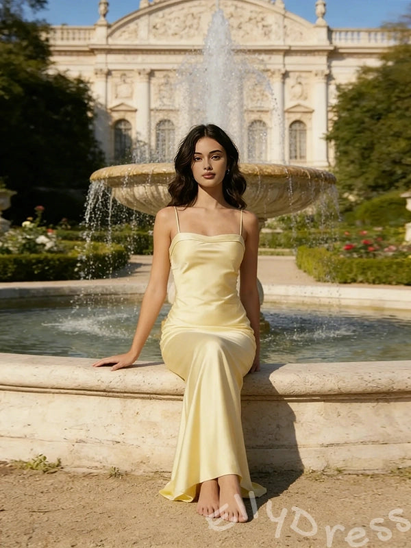 Classic Yellow Mermaid Spaghetti Straps Straight-Cross Long Prom Dress