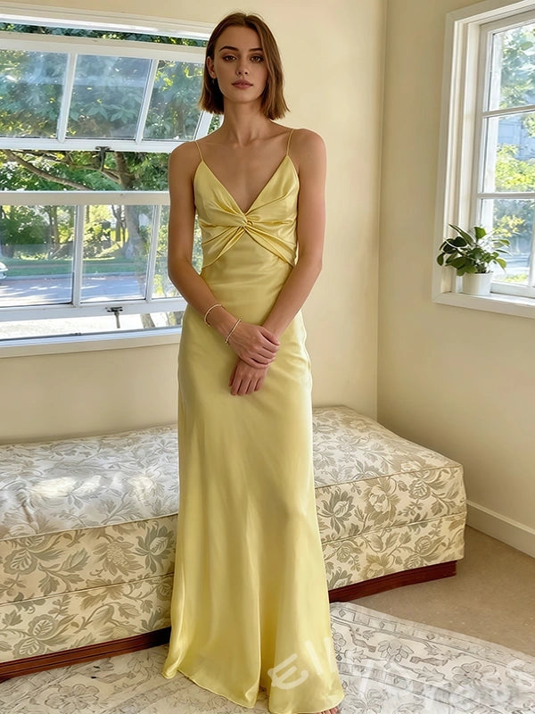 Lemon Yellow Spaghetti Strap Deep V-Neck Satin Mermaid Prom Dress with Twist Knot Bust Open Low Back and Criss Cross Back Straps