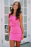 Hot Pink One Shoulder Bow Bodycon Mini Dress Homecoming Cocktail Party