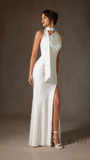White Halter Neck Mermaid Bridal Dress Open Back Satin Wedding Gown