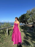 Fuchsia Strapless Straight Neck Satin Vertical Ruched Bodice Oversized A-Line Ball Gown Prom Dress with Drop Waist Front High Slit and Minimalist French Style