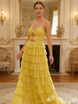 Cute Yellow Spagehetti Straps Sweetheart A-Line Long Prom Dress