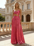 Hot Pink Spaghetti Strap Surplice V-Neck Metallic Pleated A-Line Prom Dress with Cutout Waist Side Cutouts and Lace-Up Back