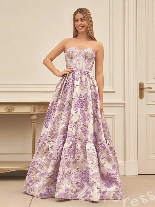 Lavender Floral Print Strapless Sweetheart Corset Bodice A-Line Prom Dress with Rose Jacquard Tiered Ruffle Skirt and Lace-Up Back