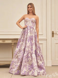 Lavender Floral Print Strapless Sweetheart Corset Bodice A-Line Prom Dress with Rose Jacquard Tiered Ruffle Skirt and Lace-Up Back