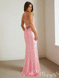 Barbie Pink Strapless Straight Neck Full Oversized Disc Sequin Mermaid Prom Dress with Iridescent Shimmer Lace-Up Corset Back Open Back and Sweep Train