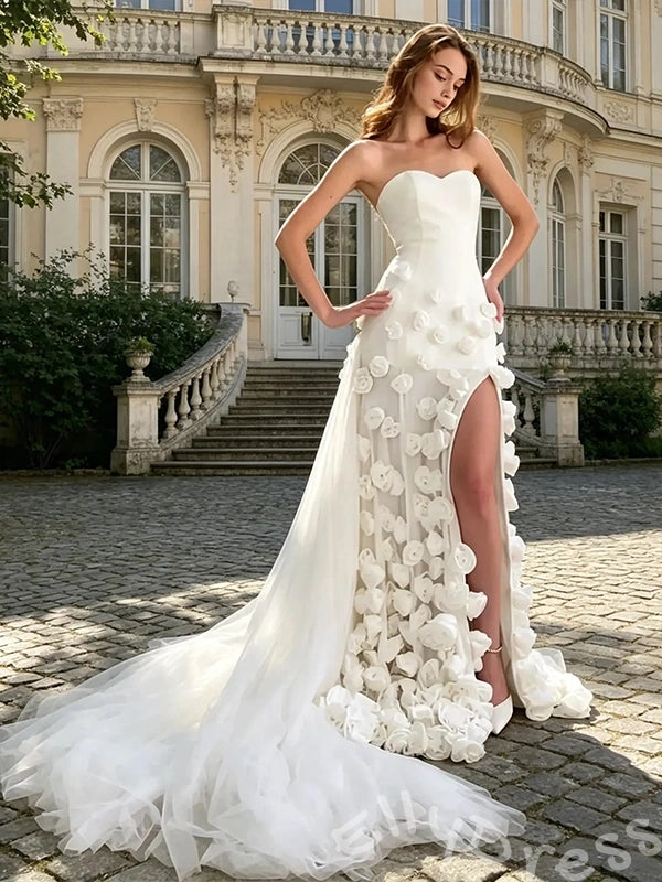 White Strapless Sweetheart Satin Corset Bodice Full 3D Rose Floral Applique Mermaid Prom Dress with Front High Slit Sheer Tulle Underskirt and Sweep Train