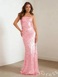 Barbie Pink Strapless Straight Neck Full Oversized Disc Sequin Mermaid Prom Dress with Iridescent Shimmer Lace-Up Corset Back Open Back and Sweep Train