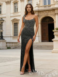 Black One Shoulder Bow Sweetheart Full Rhinestone Mermaid Prom Dress with High Slit Open Back and Lace-Up