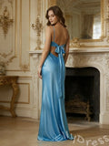 Blue Spaghetti Strap V-Neck Lace Bodice Open Back Bow Mermaid Prom Dress