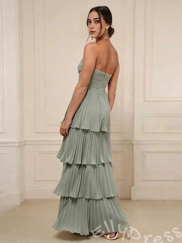 Sage Green Strapless Sweetheart Chiffon Tiered Cake Prom Dress with Ruched Twist Bust Four-Layer Pleated Ruffle Skirt and Open Back