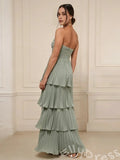 Sage Green Strapless Sweetheart Chiffon Tiered Cake Prom Dress with Ruched Twist Bust Four-Layer Pleated Ruffle Skirt and Open Back