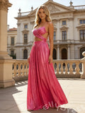 Hot Pink Spaghetti Strap Surplice V-Neck Metallic Pleated A-Line Prom Dress with Cutout Waist Side Cutouts and Lace-Up Back