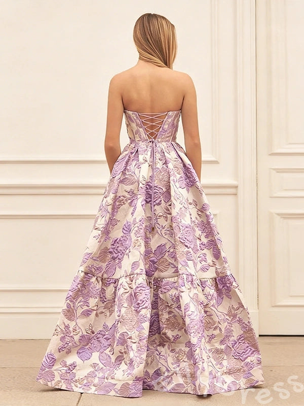 Lavender Floral Print Strapless Sweetheart Corset Bodice A-Line Prom Dress with Rose Jacquard Tiered Ruffle Skirt and Lace-Up Back