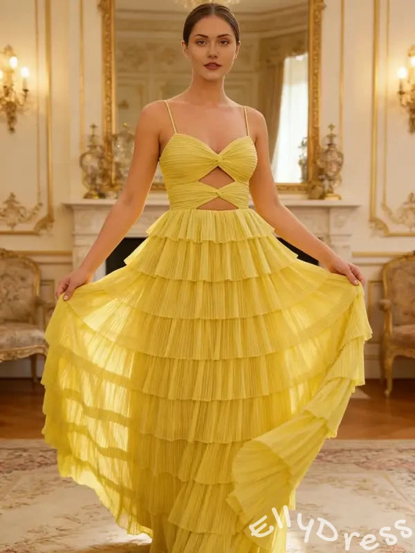 Cute Yellow Spagehetti Straps Sweetheart A-Line Long Prom Dress