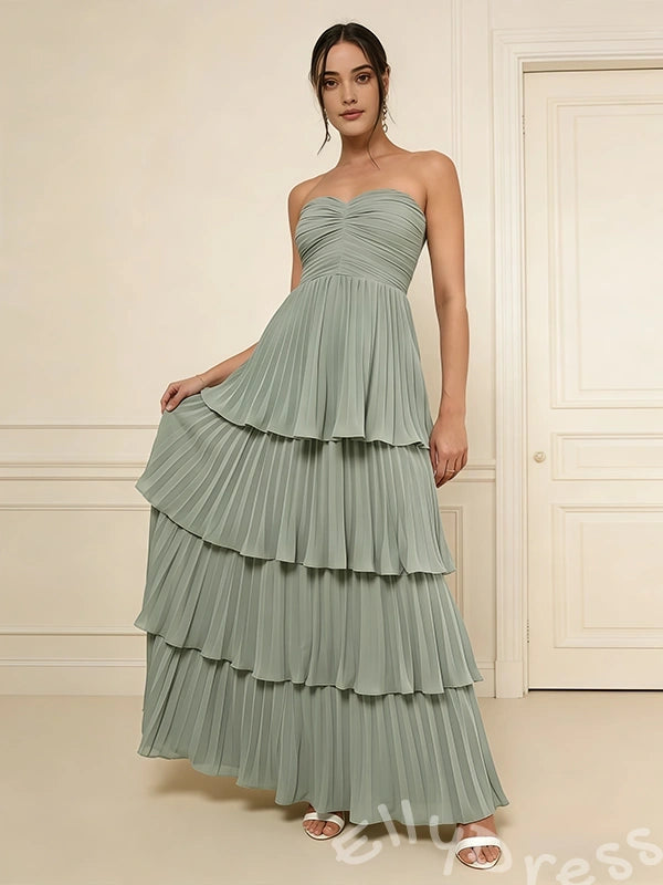 Sage Green Strapless Sweetheart Chiffon Tiered Cake Prom Dress with Ruched Twist Bust Four-Layer Pleated Ruffle Skirt and Open Back