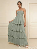 Sage Green Strapless Sweetheart Chiffon Tiered Cake Prom Dress with Ruched Twist Bust Four-Layer Pleated Ruffle Skirt and Open Back