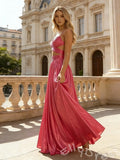 Hot Pink Spaghetti Strap Surplice V-Neck Metallic Pleated A-Line Prom Dress with Cutout Waist Side Cutouts and Lace-Up Back