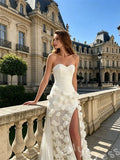 White Strapless Sweetheart Satin Corset Bodice Full 3D Rose Floral Applique Mermaid Prom Dress with Front High Slit Sheer Tulle Underskirt and Sweep Train