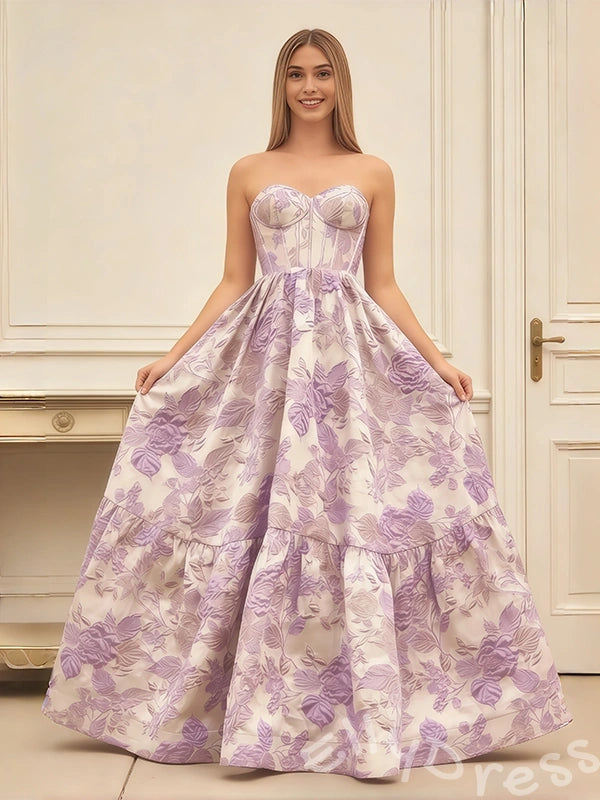 Lavender Floral Print Strapless Sweetheart Corset Bodice A-Line Prom Dress with Rose Jacquard Tiered Ruffle Skirt and Lace-Up Back