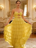 Cute Yellow Spagehetti Straps Sweetheart A-Line Long Prom Dress