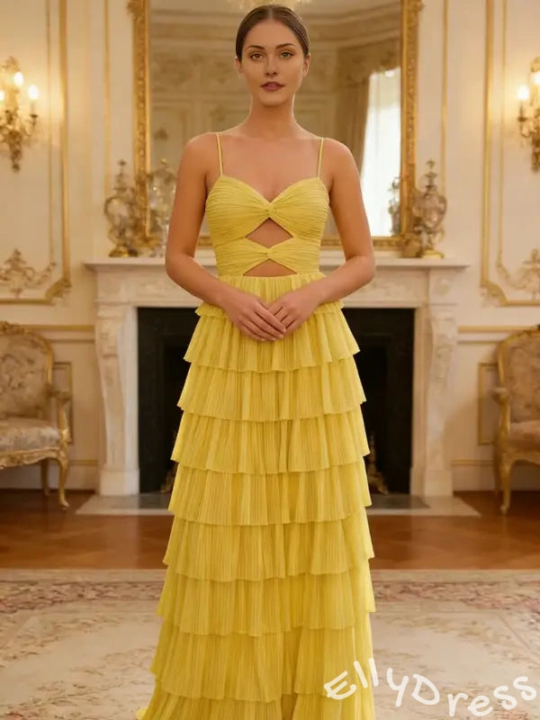 Cute Yellow Spagehetti Straps Sweetheart A-Line Long Prom Dress