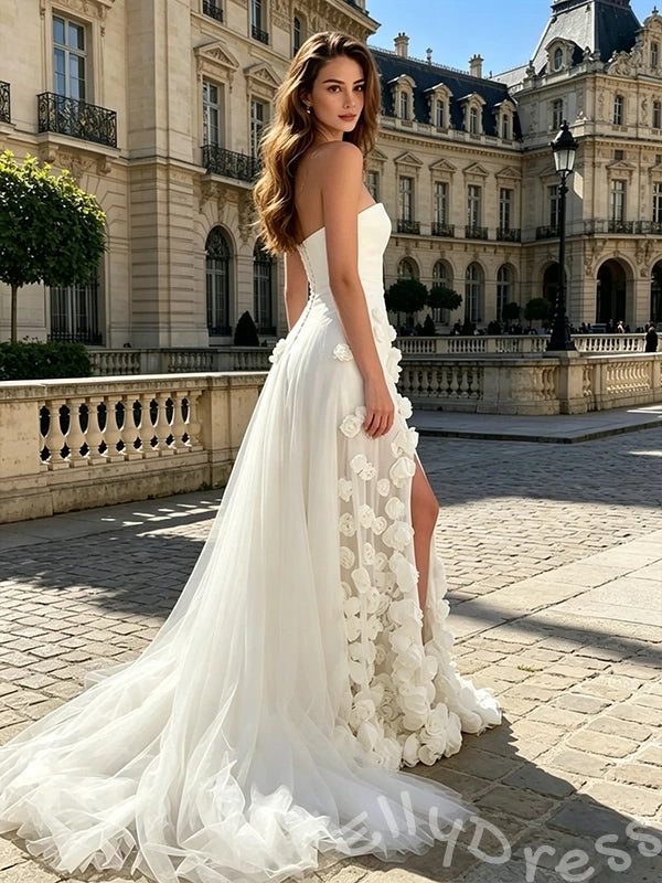 White Strapless Sweetheart Satin Corset Bodice Full 3D Rose Floral Applique Mermaid Prom Dress with Front High Slit Sheer Tulle Underskirt and Sweep Train