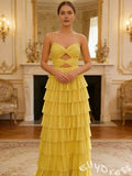 Cute Yellow Spagehetti Straps Sweetheart A-Line Long Prom Dress