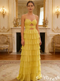 Cute Yellow Spagehetti Straps Sweetheart A-Line Long Prom Dress